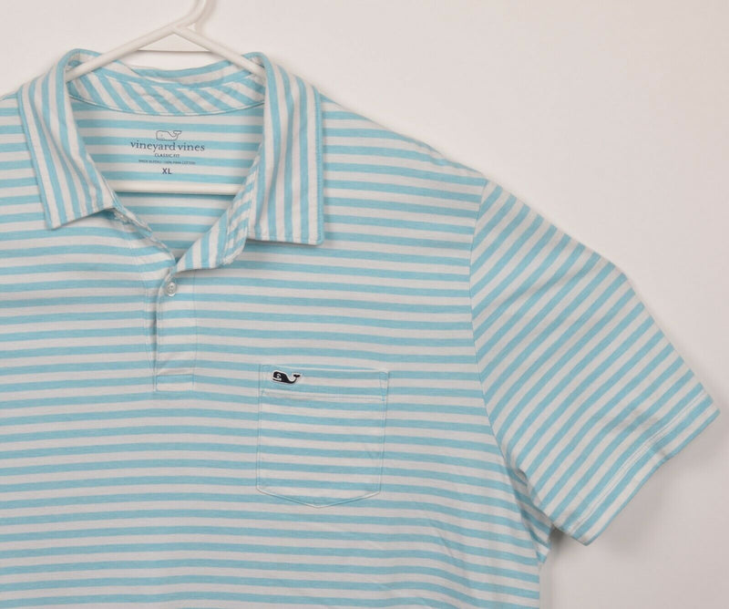 Vineyard Vines Men's XL Classic Aqua Blue White Striped Pima Cotton Polo Shirt