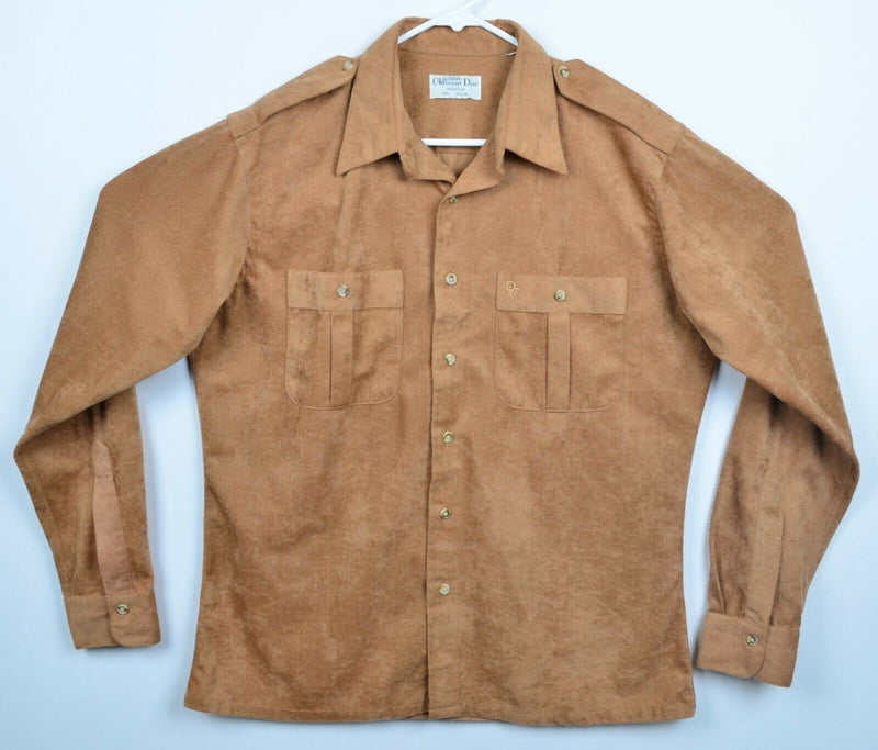 Vintage 80s Christian Dior Men's Large/XL? Velvet Style Tan Button Safari Shirt