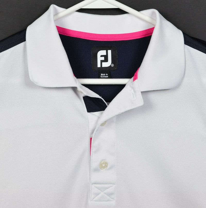 FootJoy Men's Medium White Colorblock Pink Navy Blue FJ Golf Wicking Polo Shirt