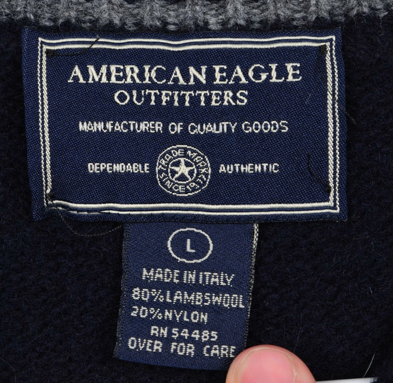 American Eagle Men's Large Lambswool AE Logo Navy Blue Striped Italy Sweater