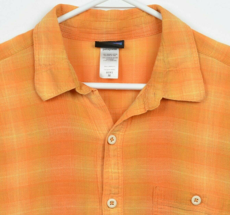 Patagonia Organic Cotton Men Medium Orange Plaid Crinkle Button-Front A/C Shirt