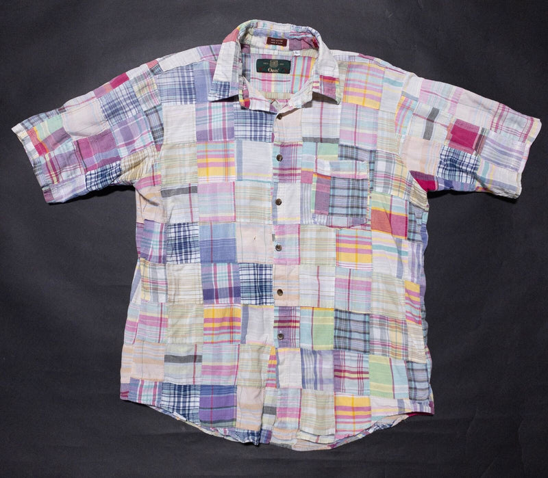 Orvis Patchwork Shirt Men's Large Vintage 80s Colorful Plaid Madras Made in USA