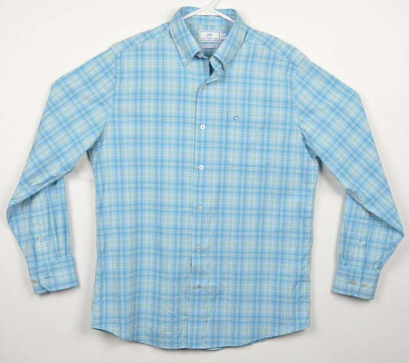 Southern Tide Intercoastal Men Medium Nylon Wicking Blue Plaid Button-Down Shirt