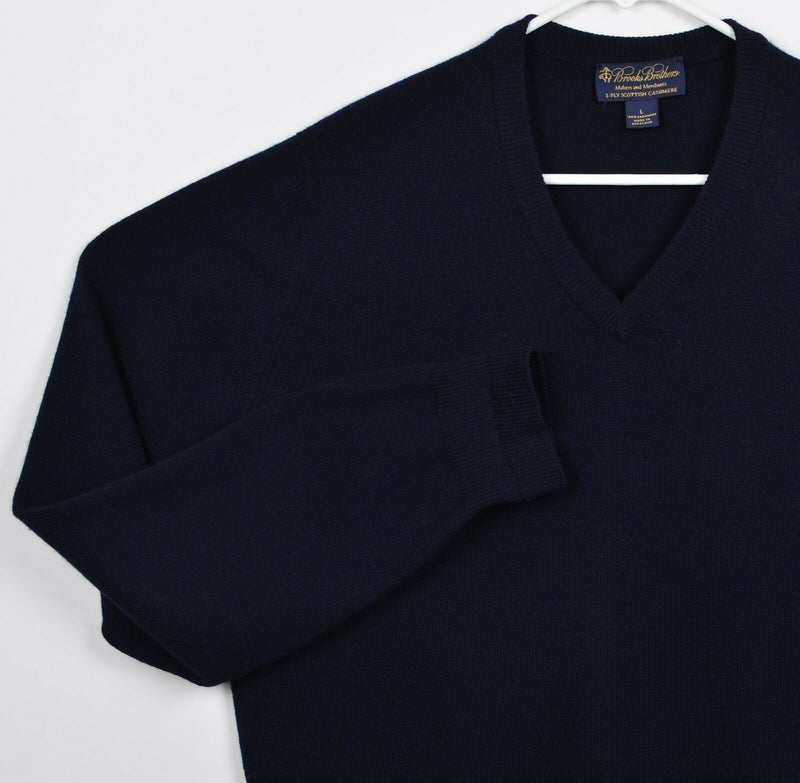 Brooks Brothers Men's Large 3-Ply Scottish Cashmere Navy Blue V-Neck Sweater