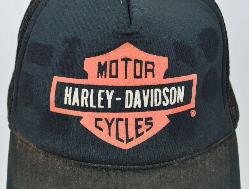 Vtg 80s Harley-Davidson Emblem Logo Snapback Black Orange Mesh Trucker Hat