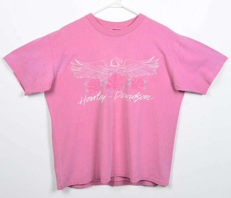 Vintage 90s Harley-Davidson Men's L/XL Pink Eagle Roses Graphic T-Shirt