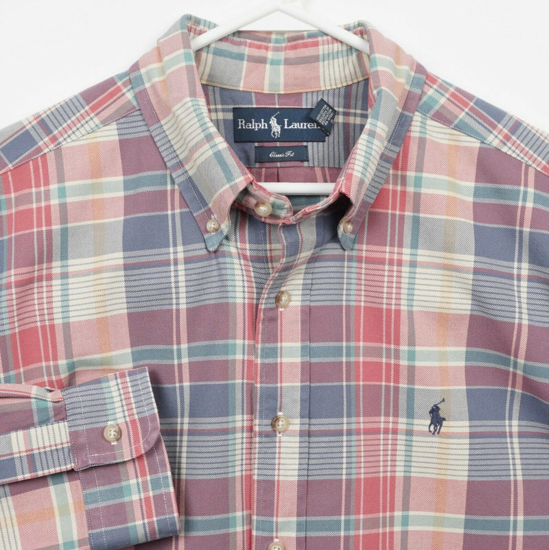 Polo Ralph Lauren Men's 2XL Classic Fit Peach Pink Blue Plaid Button-Down Shirt