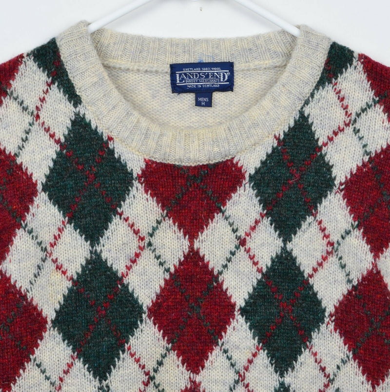 Vtg Lands' End Men's Sz Medium 100% Shetland Wool Argyle Sweater