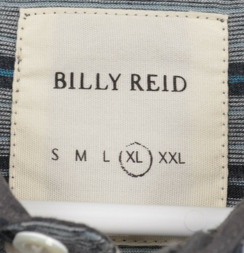 Billy Reid Men's Sz XL Gray Teal Striped Cotton Poly Blend Pocket Polo Shirt