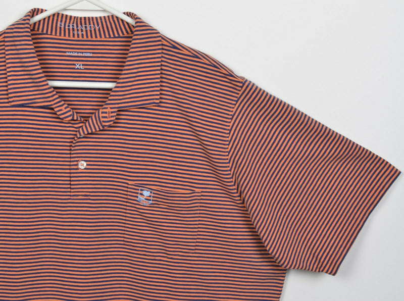 B. Draddy Men's XL Orange Navy Blue Striped Pima Cotton Golf Pocket Polo Shirt