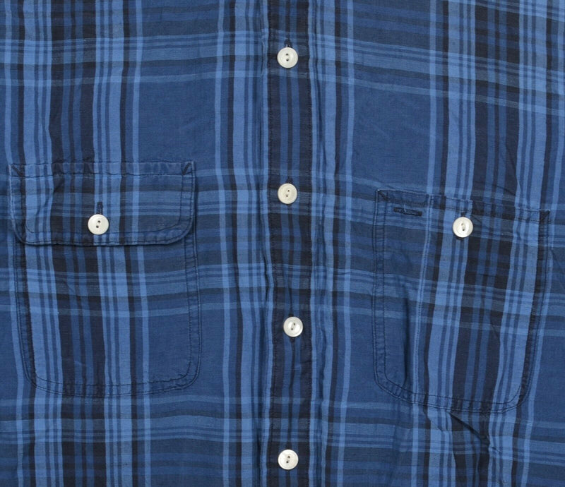 Polo Ralph Lauren Men's Large Silk Linen Blend Blue Plaid Button-Front Shirt