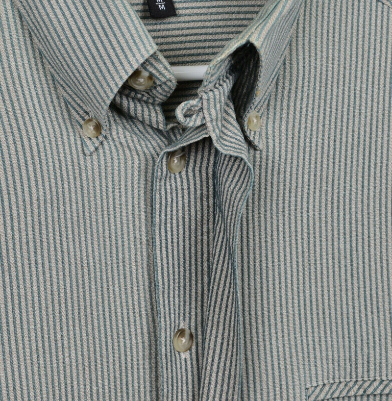 Yves Saint Laurent Men’s Medium Seersucker Hidden Button Gray Pinstriped Shirt