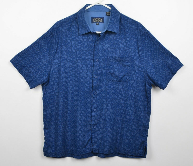 Nat Nast Men's Sz Large Silk Blend Blue Navy Geometric Hawaiian Shirt
