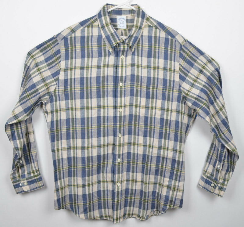 Brooks Brothers Men's XL Irish Linen Blue Green Plaid Regent Button-Down Shirt