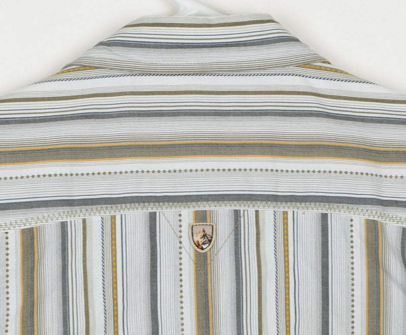Kuhl Men's Medium Suncel White Gray Striped Short Sleeve Hiking Outdoors Shirt