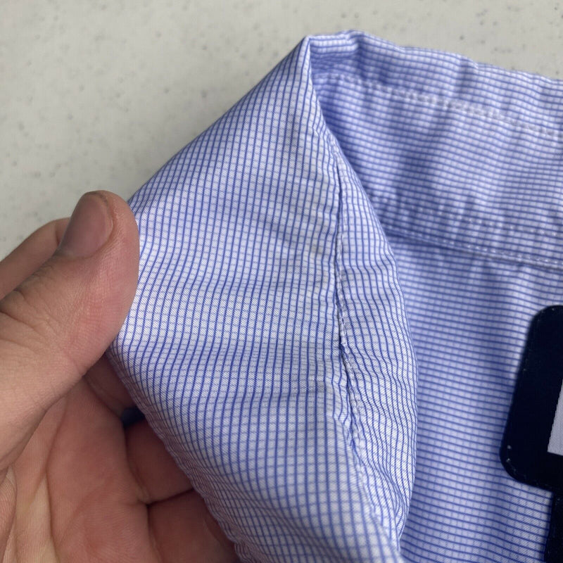 FootJoy Men's Large Solid White Blue Check Collar FJ Golf Wicking Polo Shirt