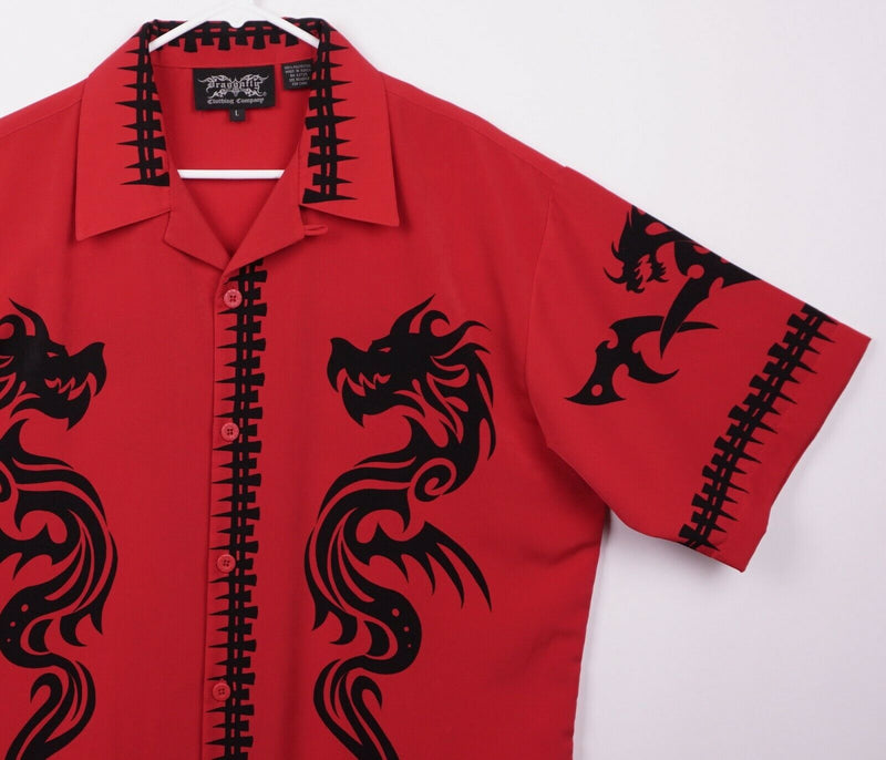 DragonFly Men’s Sz Large 100% Polyester Red Dragon Tribal Y2K Camp Shirt