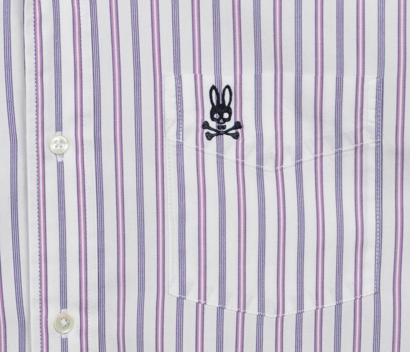 Psycho Bunny Men's Sz Medium White Purple Striped Long Sleeve Button-Down Shirt