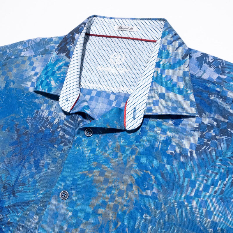 BUGATCHI Shirt Men's XL Flip Cuff Floral Palm Tree Button-Up Blue Long Sleeve