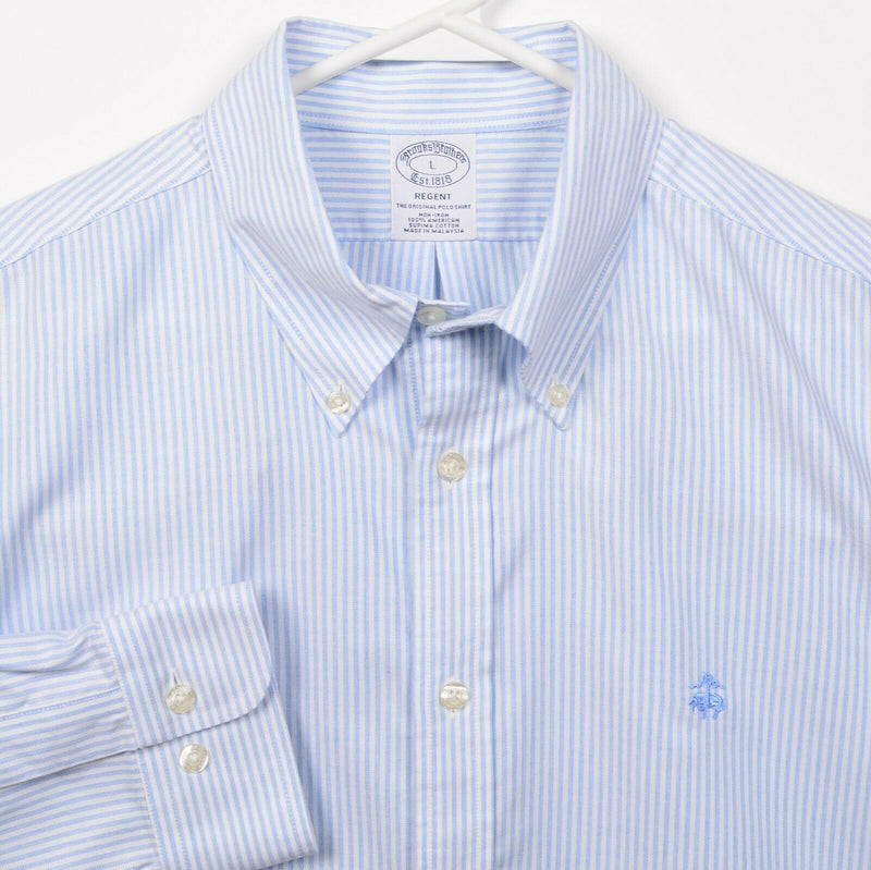 Brooks Brothers Men's Large Blue Striped Non-Iron Regent Logo Button-Down Shirt