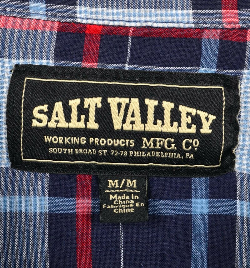 Salt Valley Men's Medium Pearl Snap Navy Blue Red Plaid Western Rockabilly Shirt
