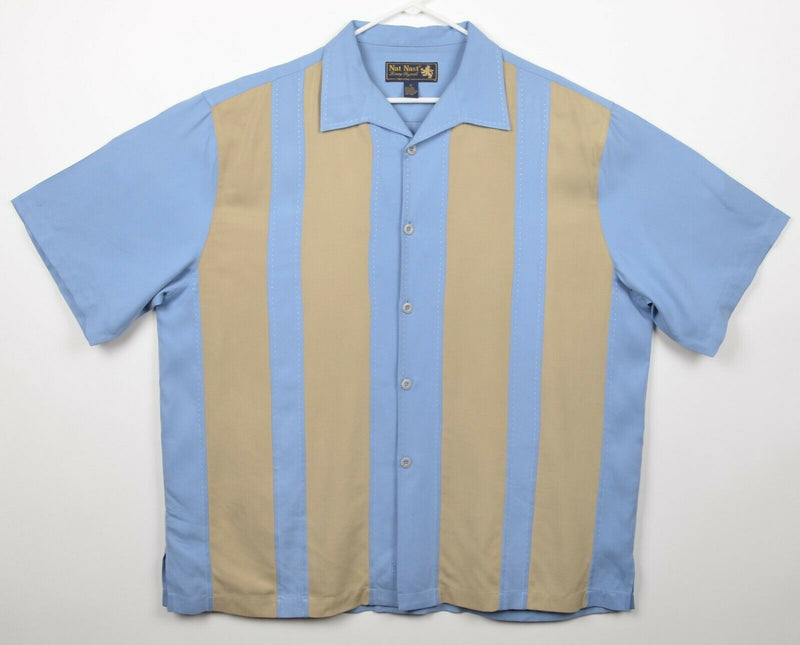 Nat Nast Men's Sz XL 100% Silk Blue Tan Panel Striped Bowling Hawaiian Shirt