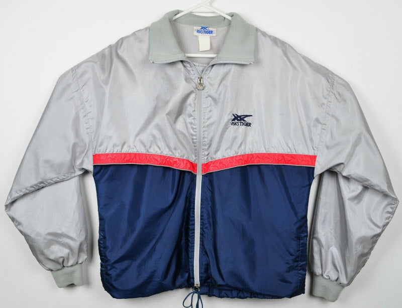 Vintage 80s Asics Tiger Men's Large? Silver Navy Zip Windbreaker Track Jacket