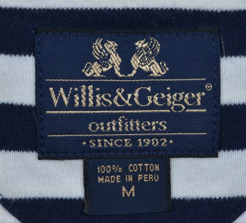 Willis & Geiger Outfitters Men's Medium Navy Blue White Striped Polo Shirt
