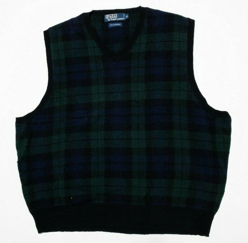 Polo Ralph Lauren Men's XL 100% Lambswool Green Navy Tartan Plaid Sweater Vest