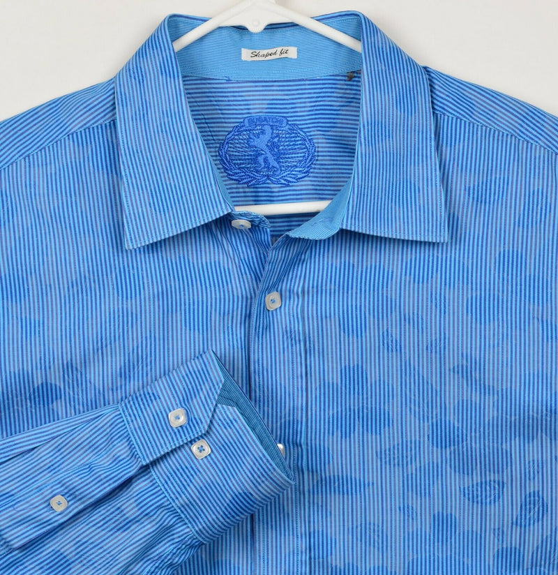 Bugatchi Men's Sz XL? Shaped Fit Floral Striped Blue Button-Front Shirt