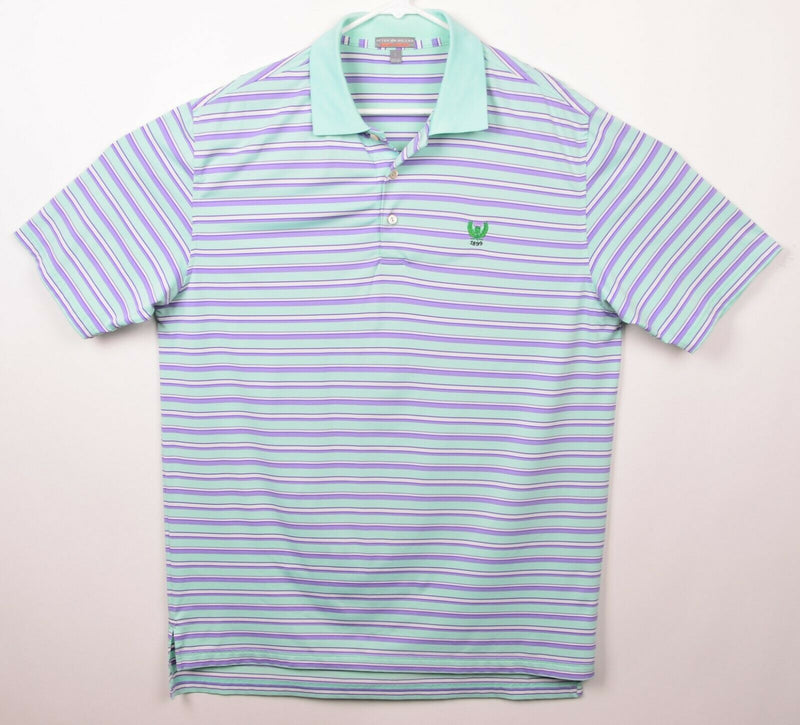Peter Millar Men's Large Summer Comfort Mint Green Purple Stripe Golf Polo Shirt