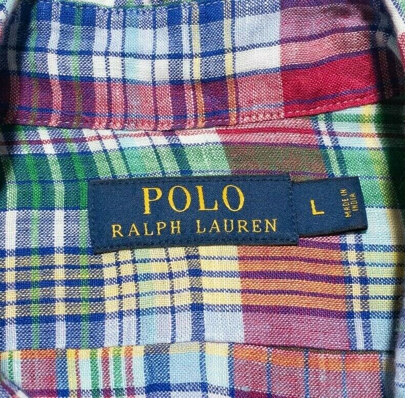 Polo Ralph Lauren Men's Large 100% Linen Multi-Color Red Green Blue Plaid Shirt