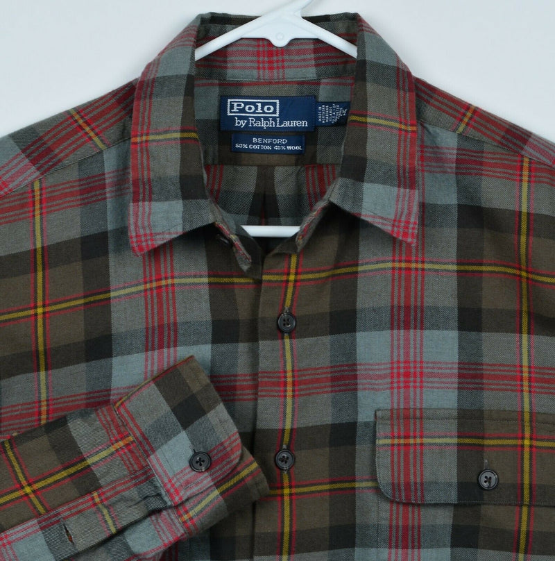 Polo Ralph Lauren Men's Medium "Benford" Wool Blend Gray Red Plaid Flannel Shirt