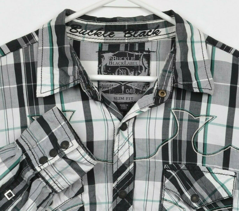 Buckle Black Label Men's XL Slim Fit Snap-Front Black Plaid Rockabilly Shirt