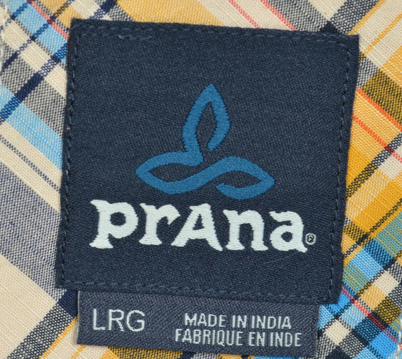 Prana Men's Large Yellow Blue Plaid Organic Cotton Poly Blend Button-Front Shirt