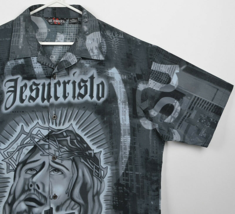 Vintage 90s Jesus Men's 2XL Victorious Rap Cross Jesucristo Polyester Camp Shirt