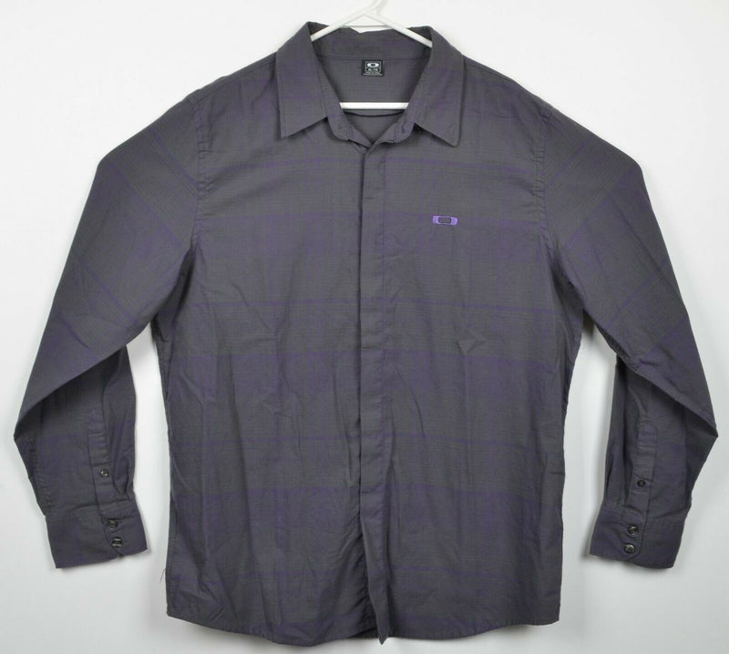 Oakley Men's XL Gray Purple Striped Cotton Poly Blend Button-Front Shirt