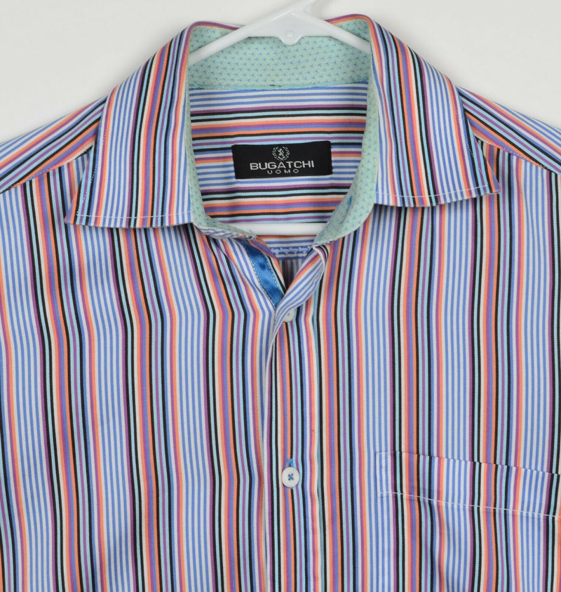 Bugatchi Uomo Men's Sz Medium Flip Cuff Multicolor Striped Casual Dress Shirt