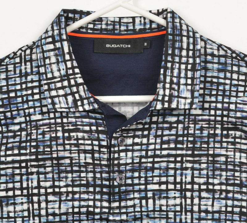 Bugatchi Men's Medium Black Blue Check Glitch Art Short Sleeve Polo Shirt