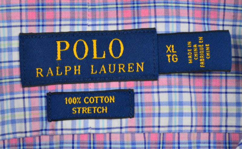 Polo Ralph Lauren Men's Sz XL Stretch Pink Blue Plaid Button-Front Shirt