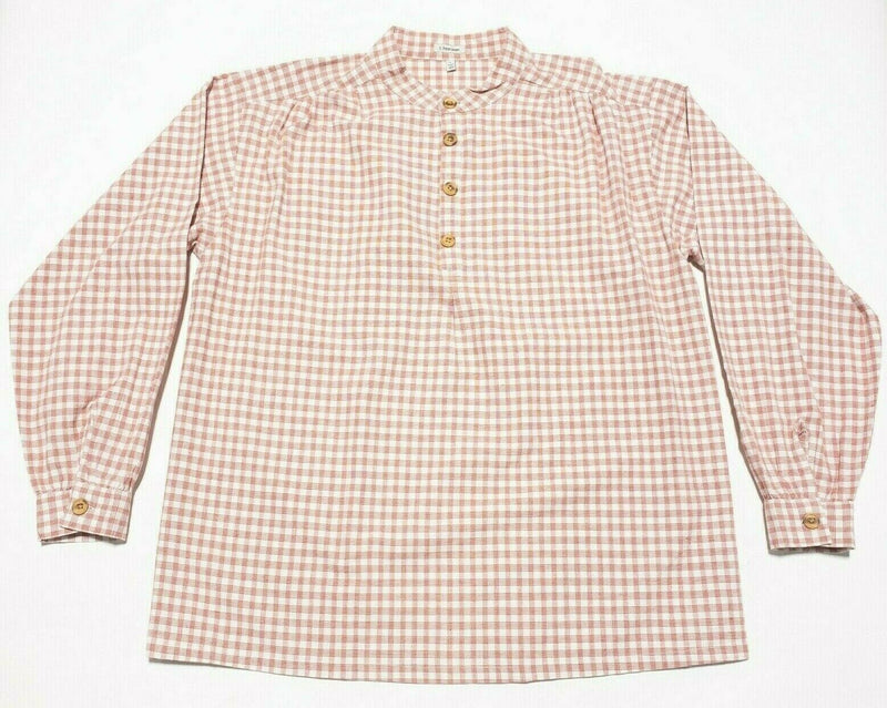 J. Peterman Band Mandarin Collar Popover Shirt Orange Red Check Men's Large