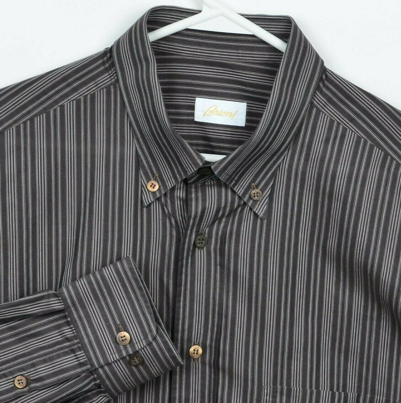 Brioni Men's 18? Brown Striped Made in Italy Designer Button-Down Dress Shirt