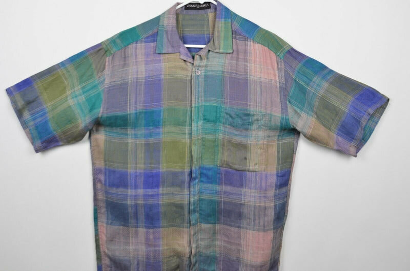 Jhane Barnes Men's Sz Medium 100% Linen Purple Green Plaid Lounge Shirt