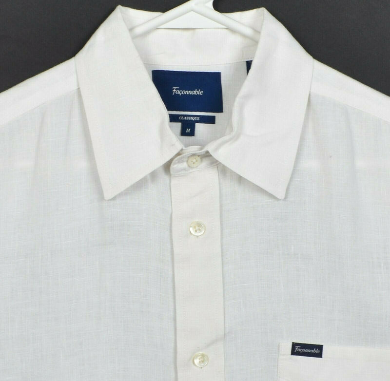 Faconnable Men's Medium 100% Linen Solid White Classique Button-Front Shirt