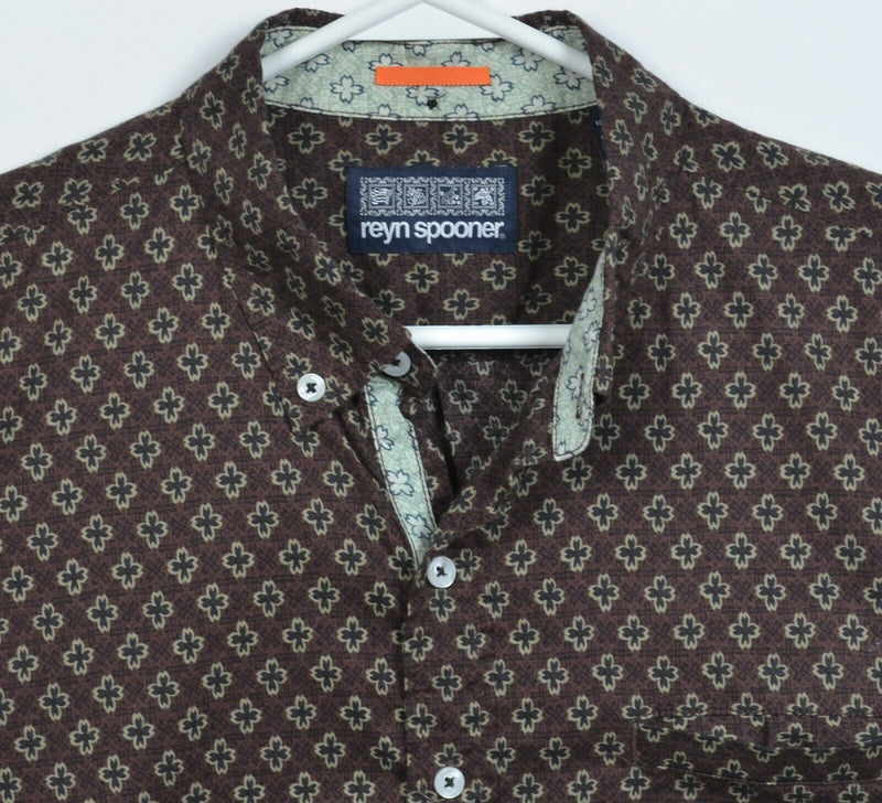 Reyn Spooner Men's Large Brown Geometric Cotton Button-Down Hawaiian Shirt