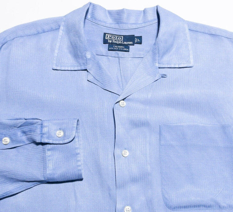 Polo Ralph Lauren Caldwell Shirt Men's Large Silk Linen Blend Loop Collar Blue