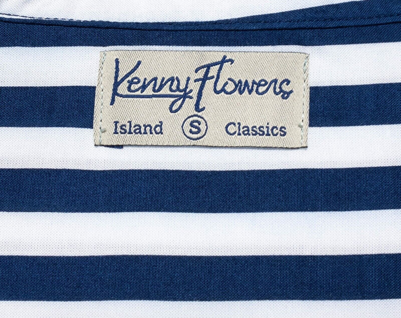 Kenny Flowers Shirt Small Men's Hawaiian Rayon Blue White Striped Aloha Camp