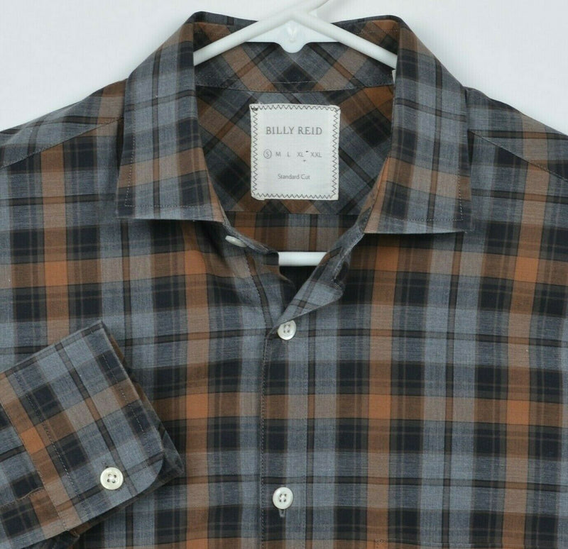 Billy Reid Men's Small Standard Cut Gray Orange Plaid Italian Designer Shirt