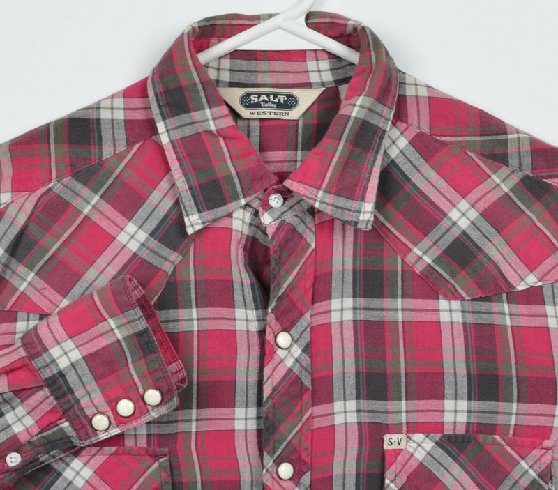 Salt Valley Western Men's Small Pearl Snap Pink/Red Plaid Rockabilly Shirt