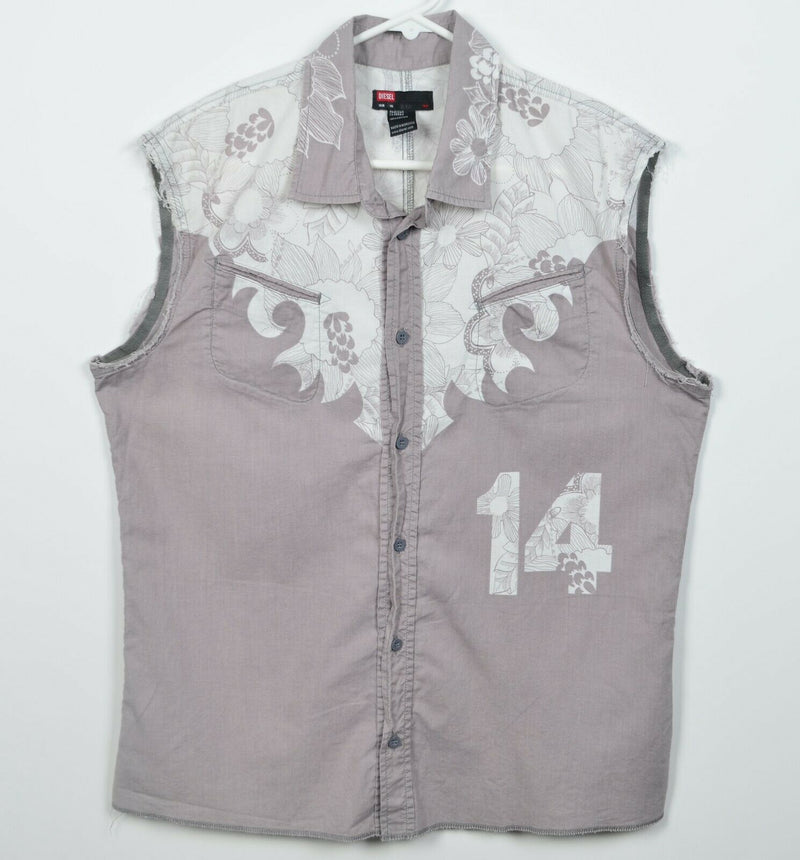 Diesel Men's XL Sleeveless Cut-Off Floral Distressed Designer Button-Front Shirt